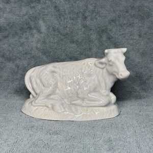 Atlantic Mold Cow Calf Laying Nativity Figure White Glaze Ceramic 3" Christmas